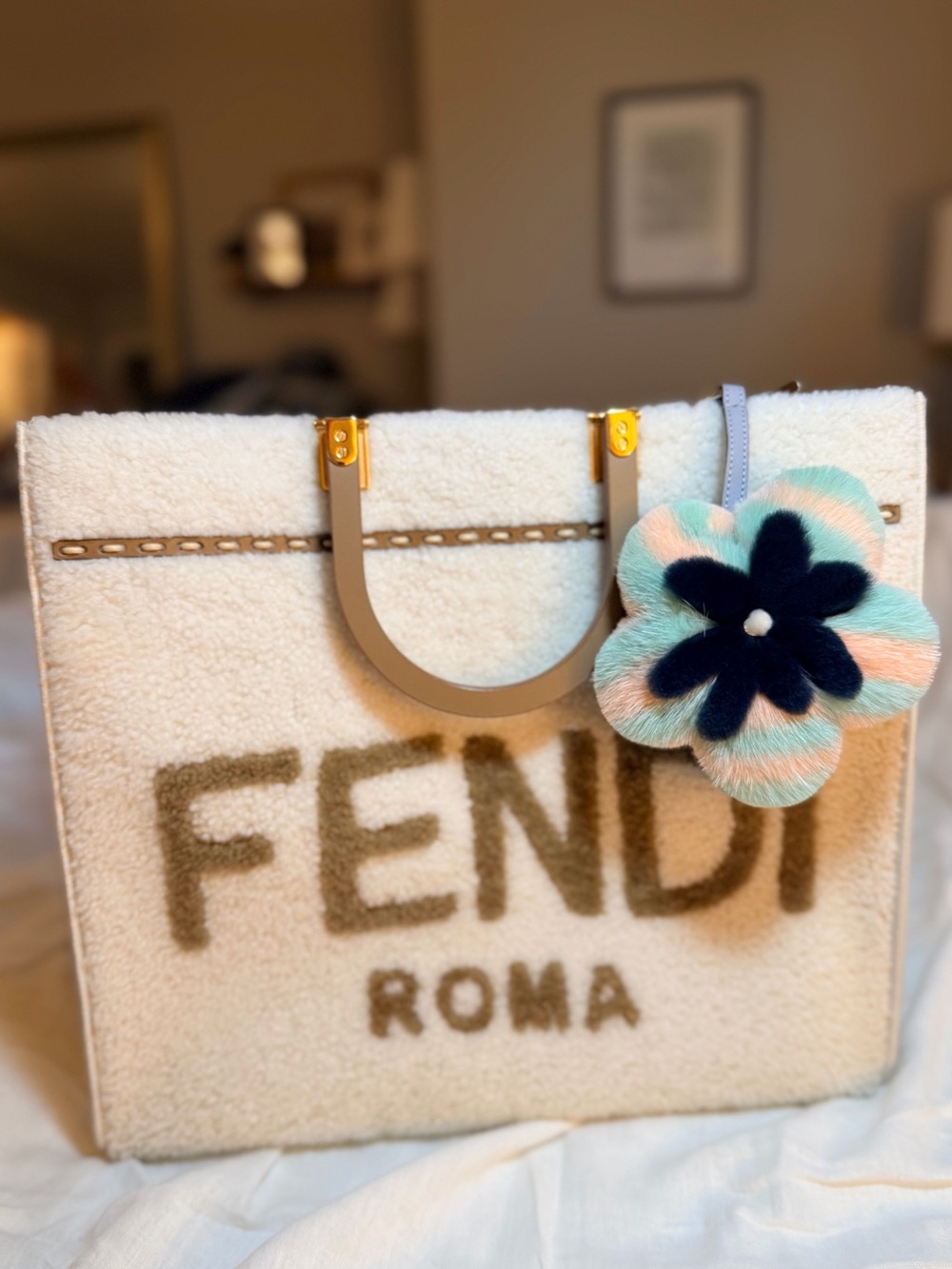 FENDI Fur Flower Bag Charm / Keychain Pastel Mint Pink Floral Design Puffy Pom